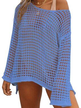 Women's Blue Crochet UPS For Sexy Hollow Out Up Knit Summer Outfits Swim Cover